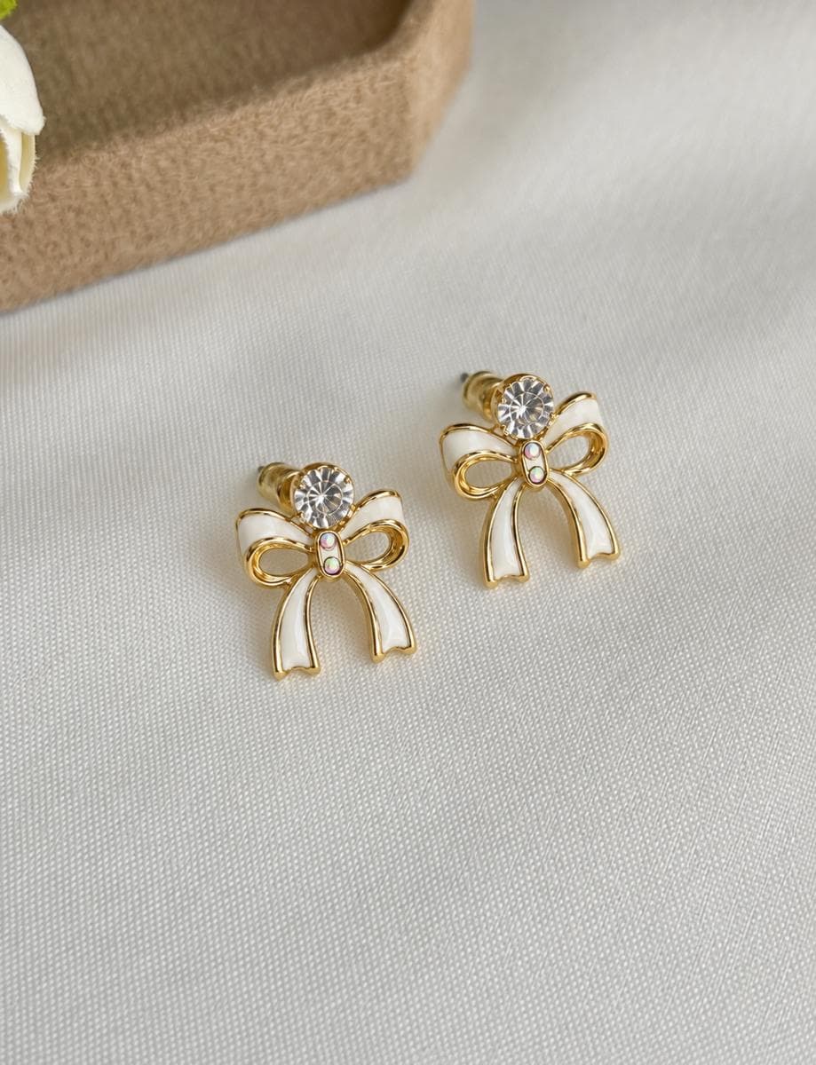 White Bow Crystal Stud Earrings for Women | Cute Gold Plated Earrings