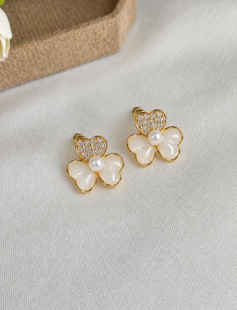 Gold Heart Flower Pearl Earrings for Women | Elegant Korean Style Stud Earrings