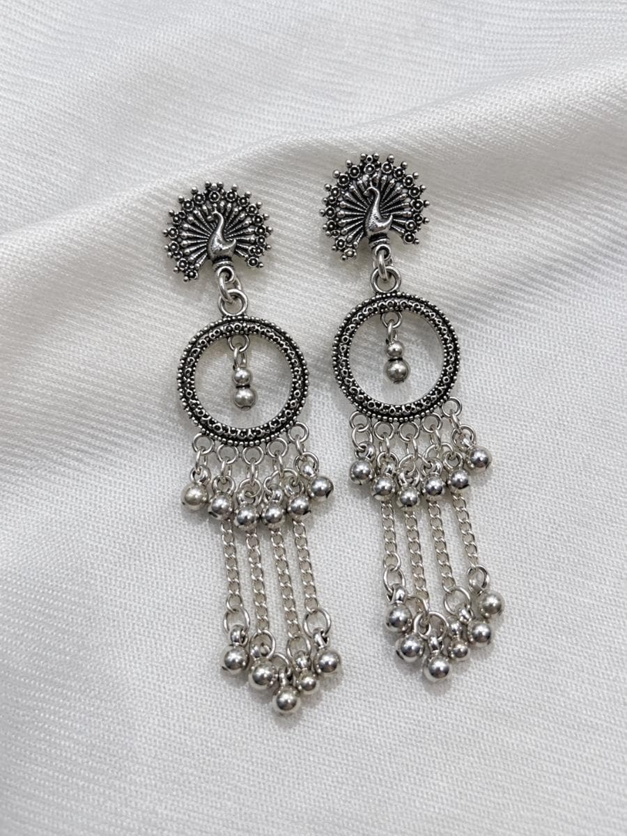 Oxidised Silver Peacock Jhumka Earrings with Hanging Beads | Traditional Ethnic Jewellery for Women & Girls