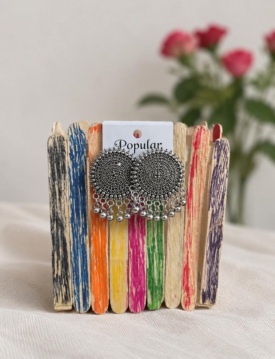 Oxidised Silver Tribal Stud Earrings with Hanging Beads | Boho Ethnic Jewellery for Women & Girls