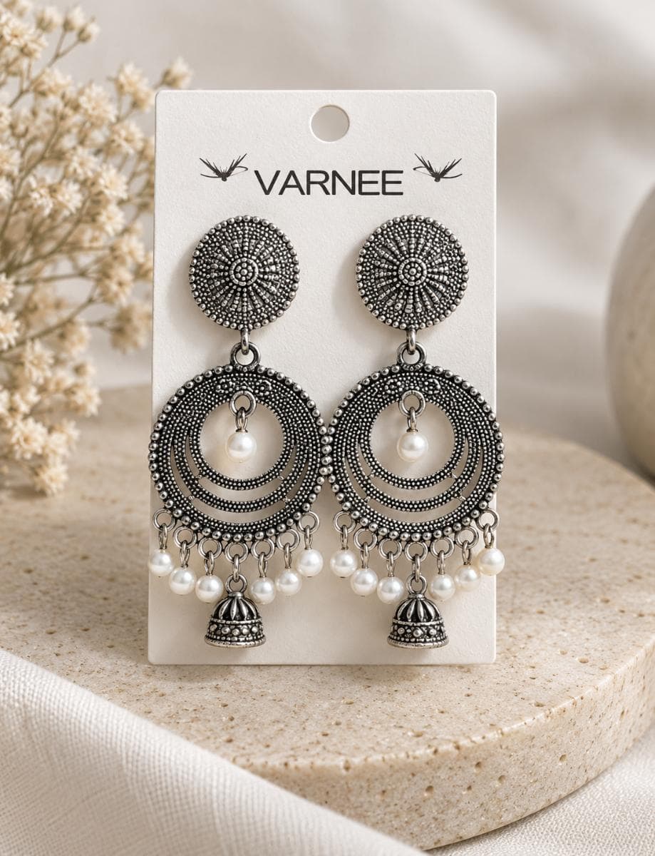 Oxidised Silver Pearl Chandbali Earrings with Jhumka Drops | Traditional Ethnic Jewellery for Women & Girls