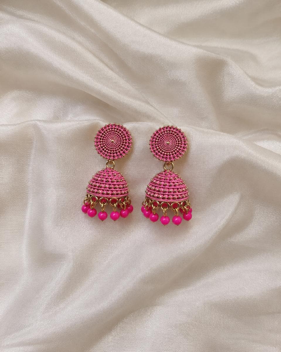 Pink Stone Jhumka Earrings with Beads | Trendy Ethnic Jewellery for Women & Girls