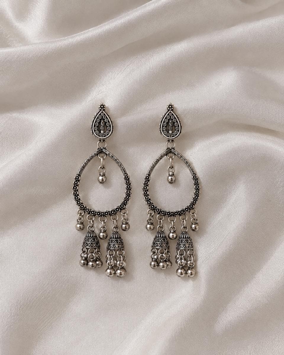 Oxidised Silver Teardrop Dangler Earrings with Jhumka Drops | Elegant Ethnic Jewellery for Women & Girls