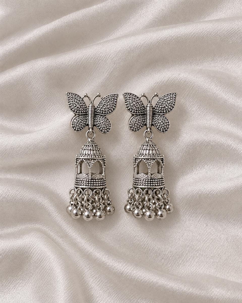 Oxidised Silver Butterfly Jhumka Earrings for Women | Stylish Ethnic Drop Earrings
