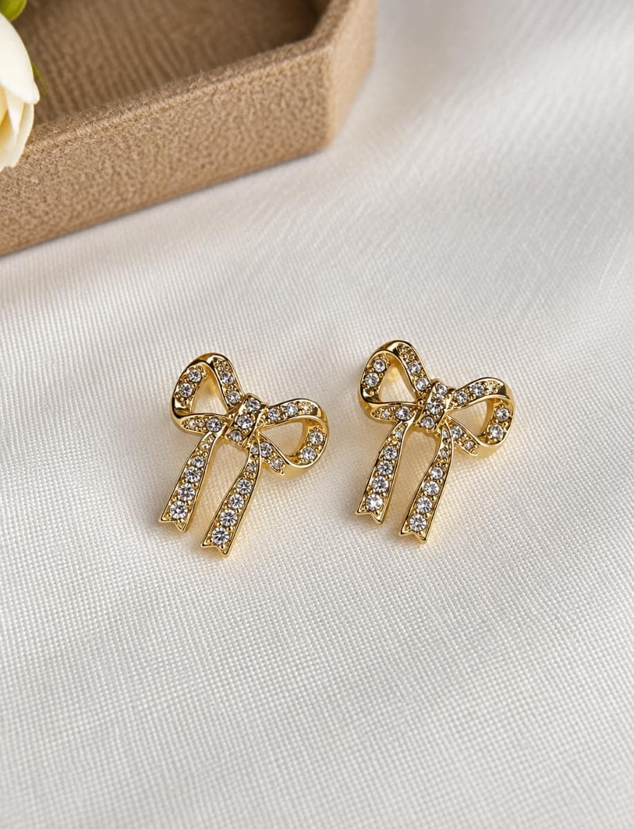 Gold Crystal Bow Stud Earrings for Women | Elegant Minimal Bow Earrings