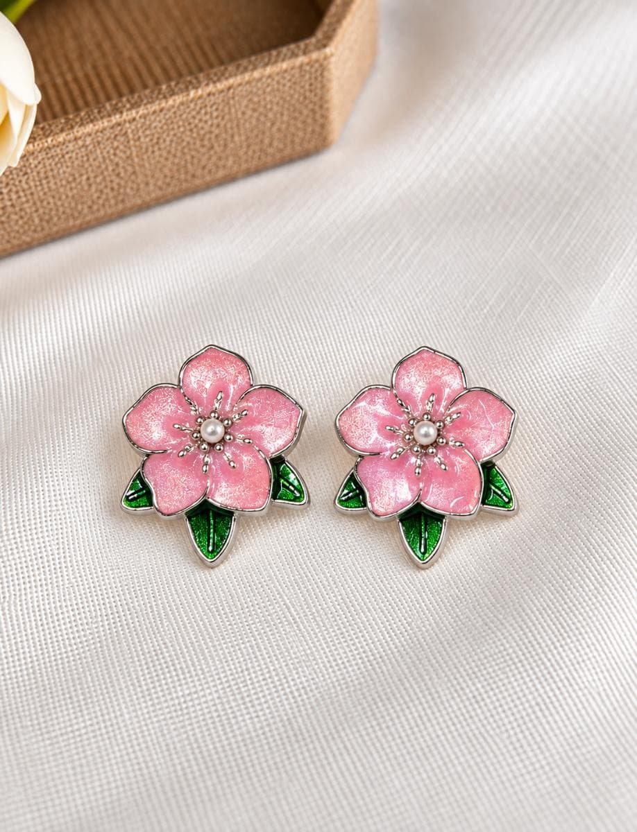 Cute Pink Blossom Flower Stud Earrings with Pearl Center for Women