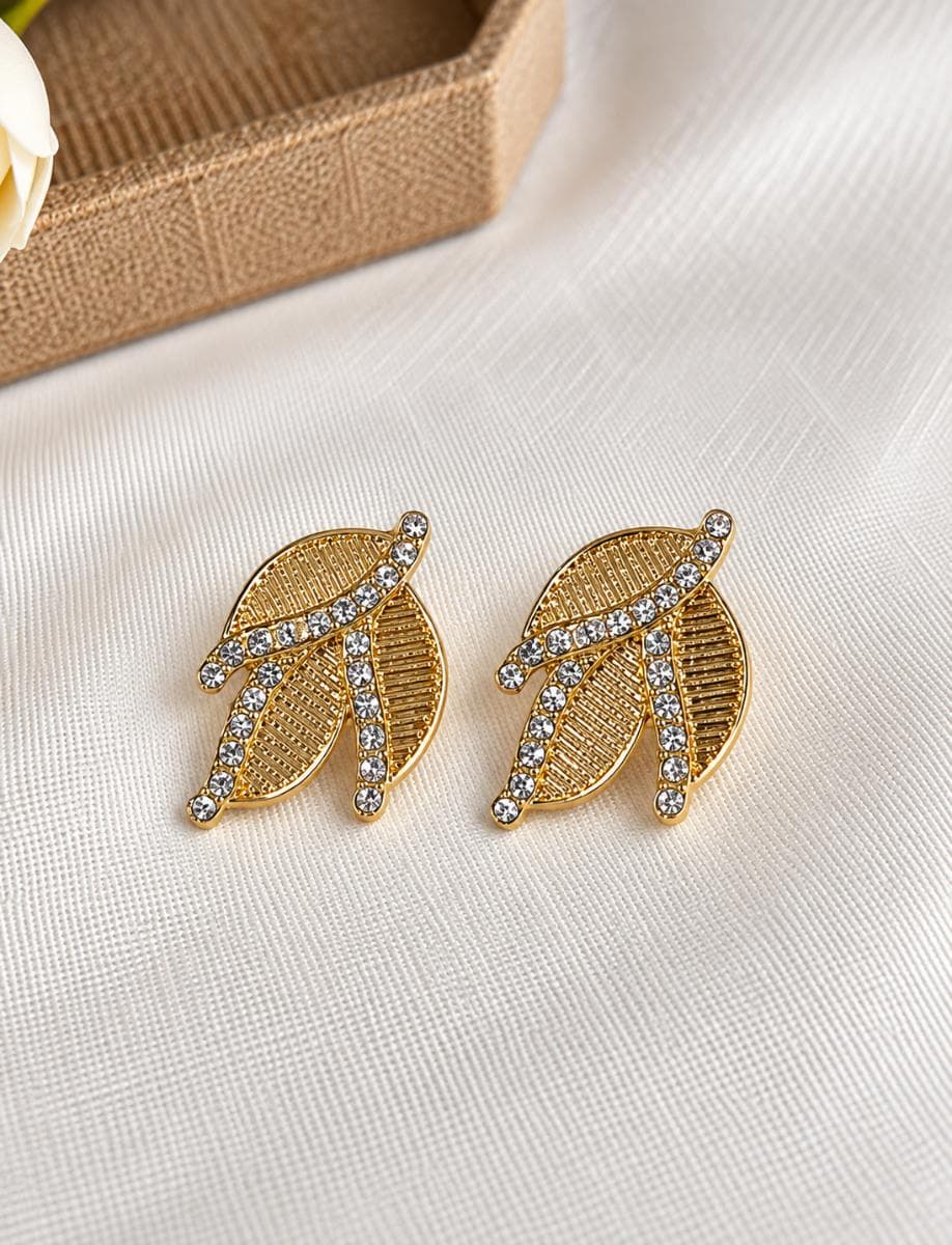 Elegant Gold Leaf Crystal Stud Earrings for Women