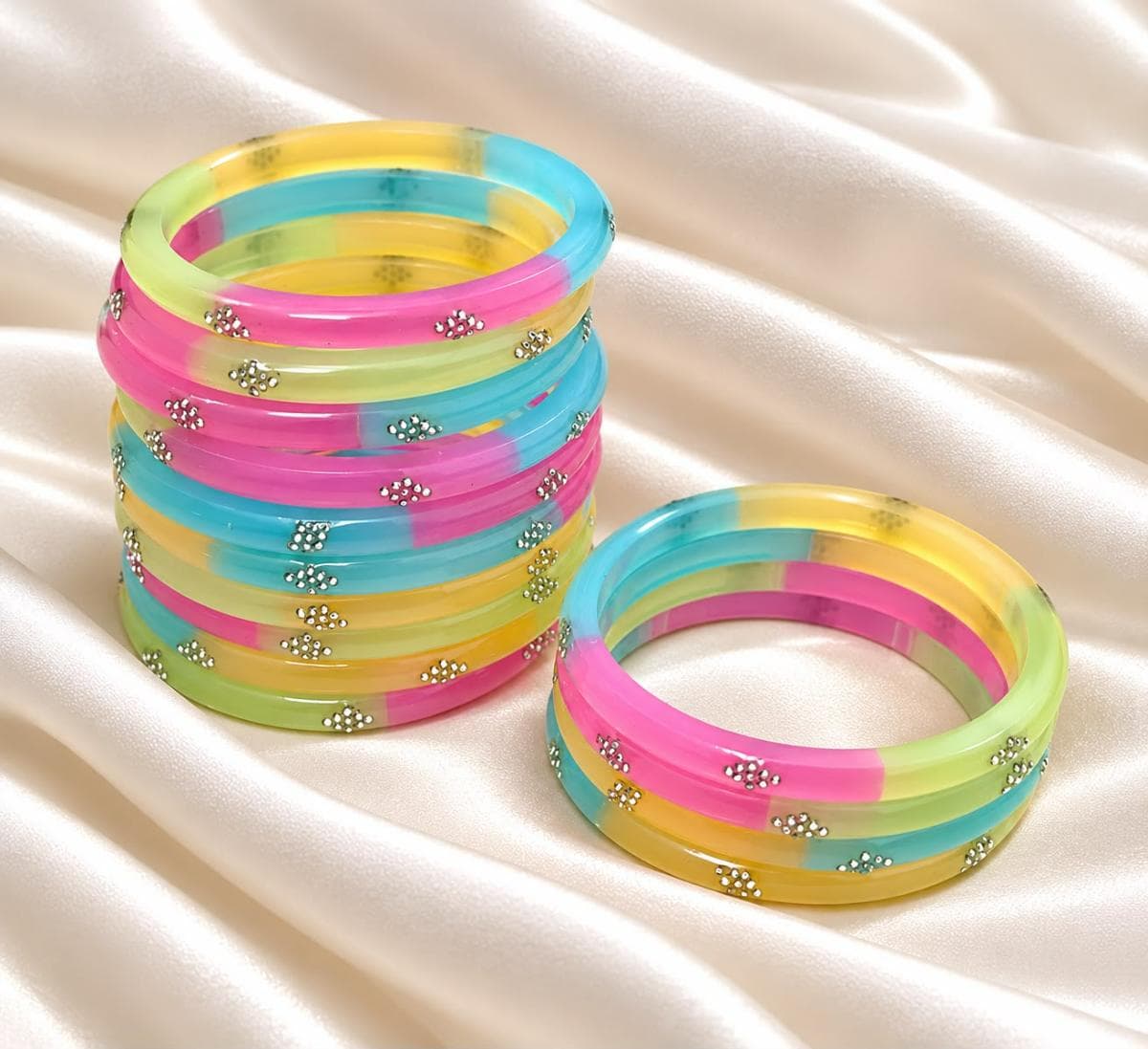 Rainbow Crystal Bangles Set (Pack of 2) for Women | Colorful Acrylic Bracelets