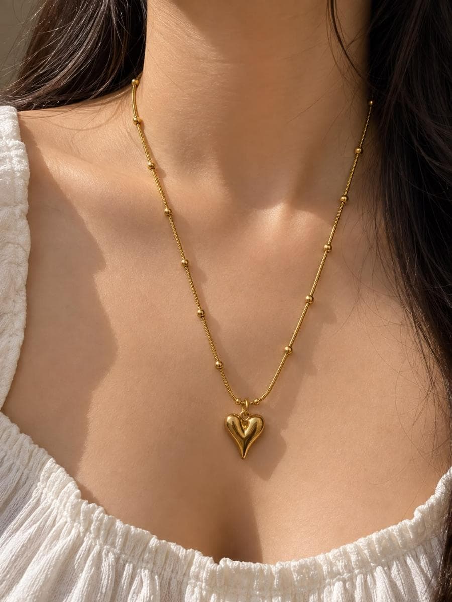 Gold Heart Pendant Necklace for Women | Beaded Chain Romantic Jewellery