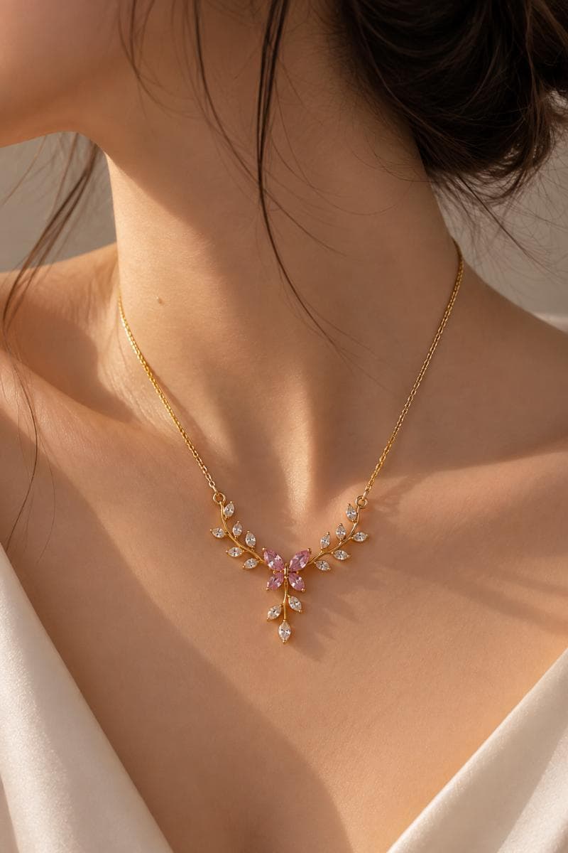 Pink Floral Crystal Necklace for Women | Elegant Gold Plated Jewellery