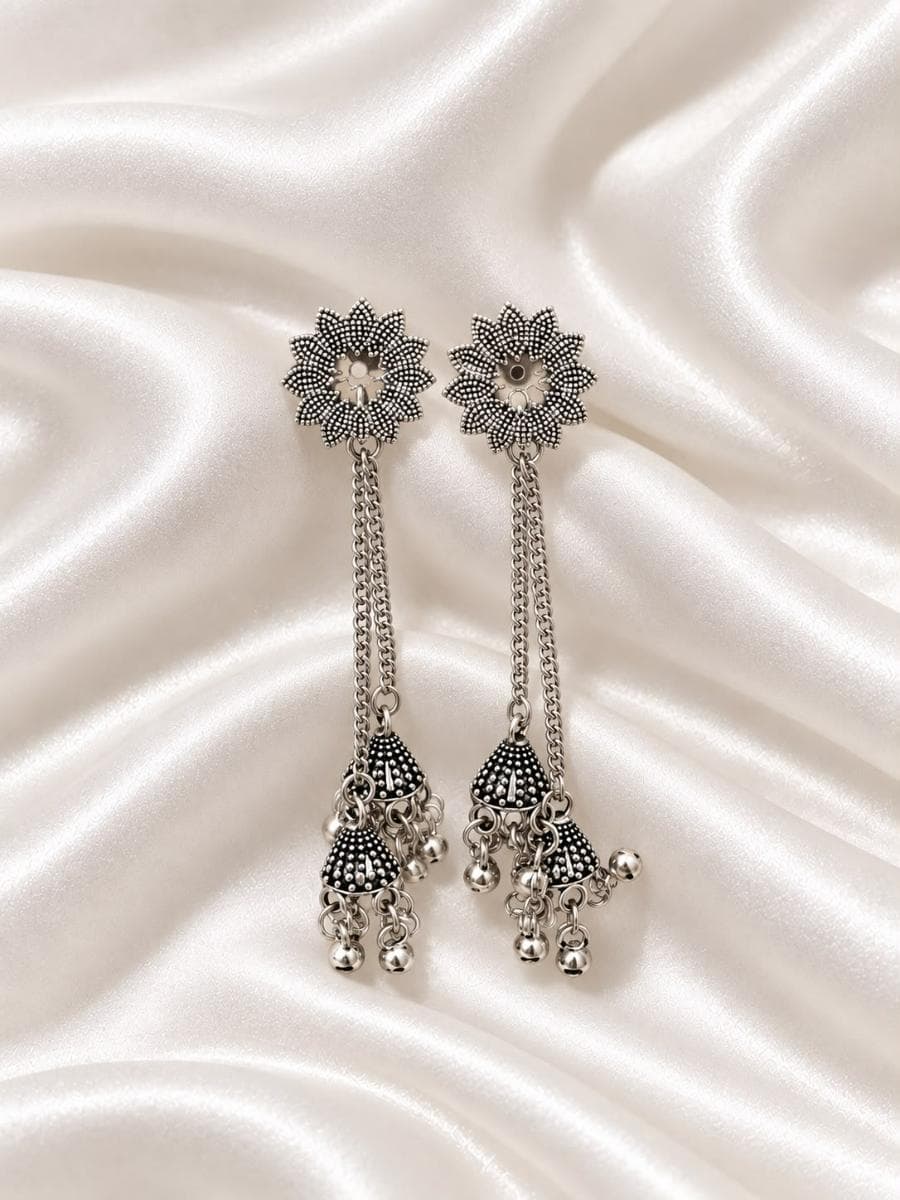 Oxidised Floral Chain Tassel Earrings for Women (Ethnic Jhumka Style)