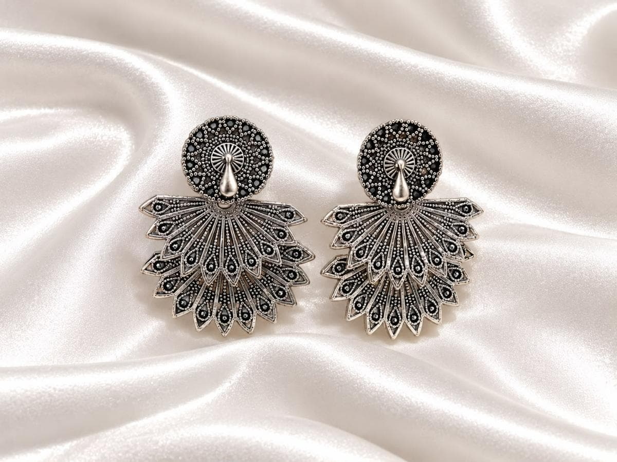 Oxidised Silver Peacock Fan Drop Earrings for Women | Ethnic Statement Jewellery
