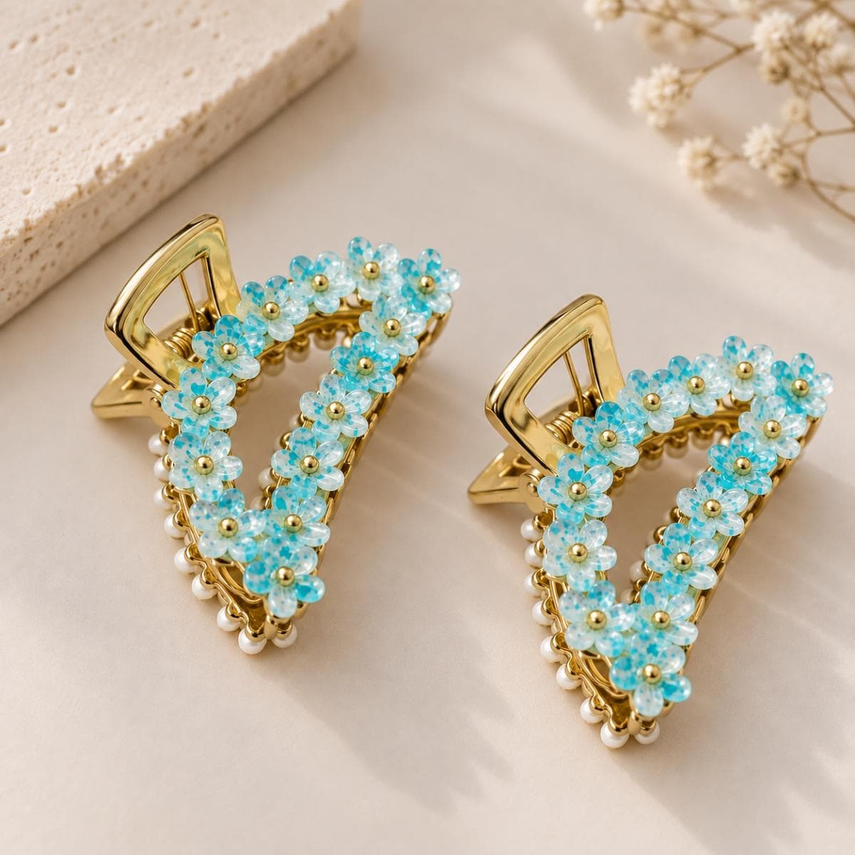 Luxury Blue Floral Pearl Hair Claw Clip Set of 2 | Elegant Gold Designer Clutcher