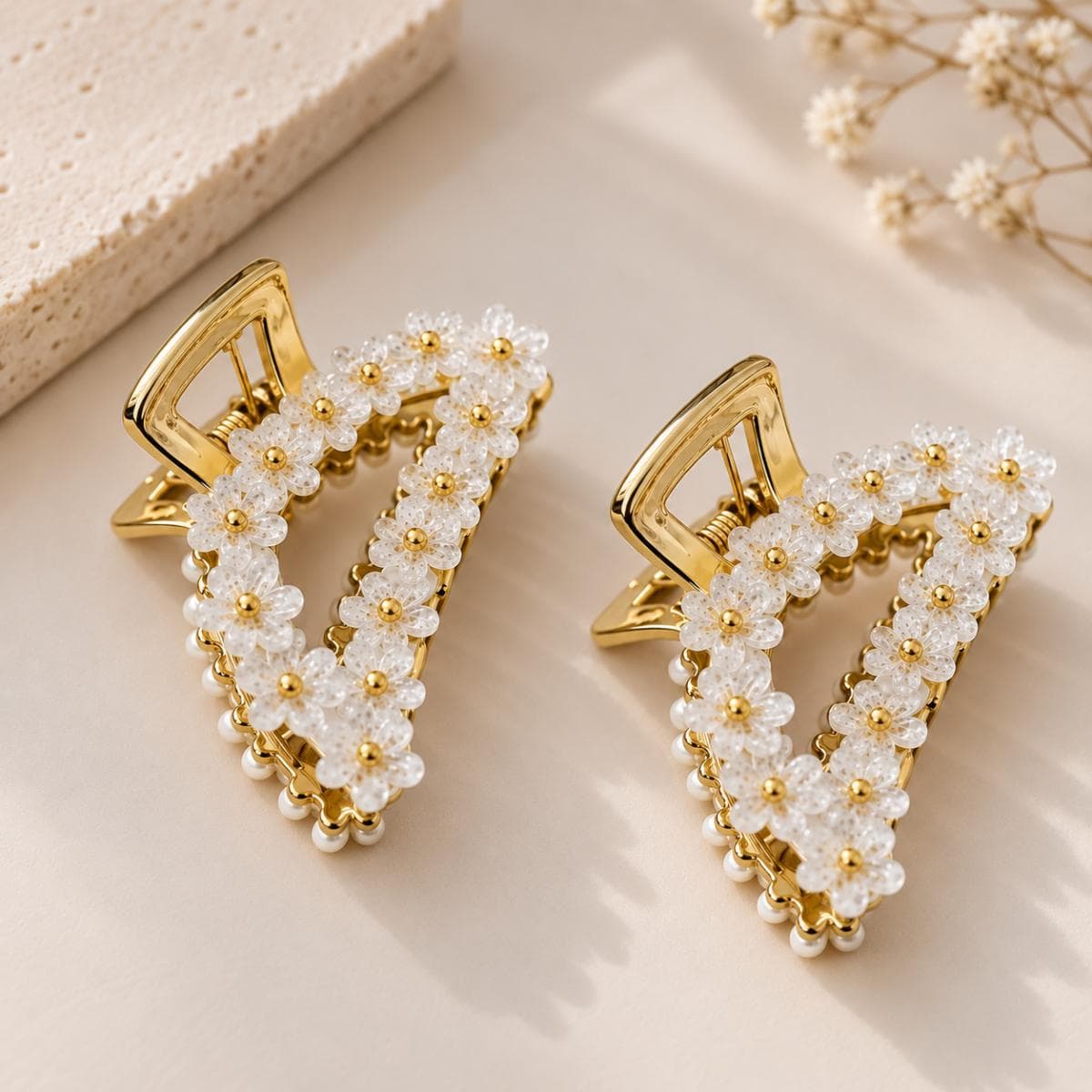 Luxury White Floral Pearl Hair Claw Clip Set of 2 | Elegant Gold Designer Clutcher