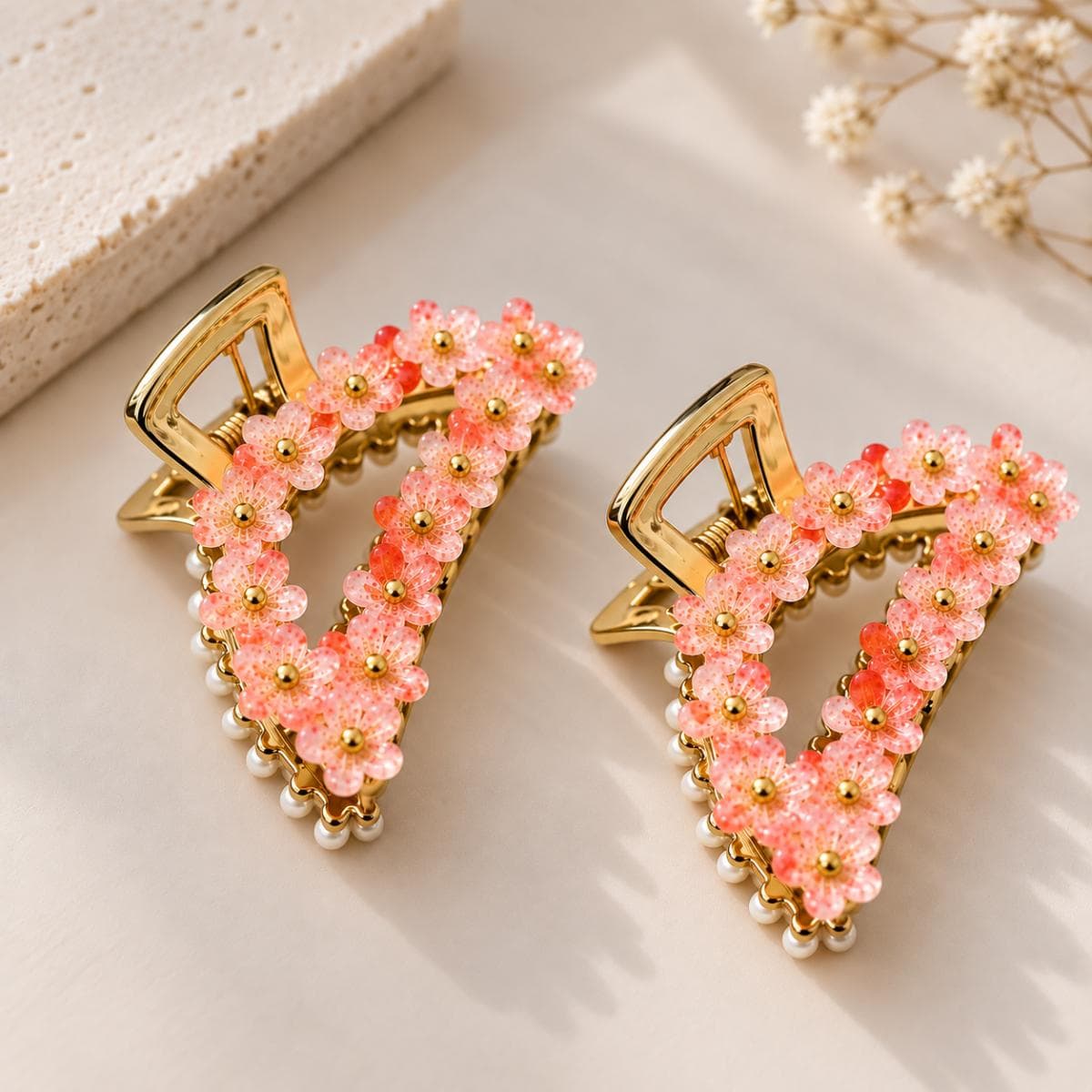 Luxury Pink Floral Pearl Hair Claw Clip Set of 2 | Elegant Gold Designer Clutcher