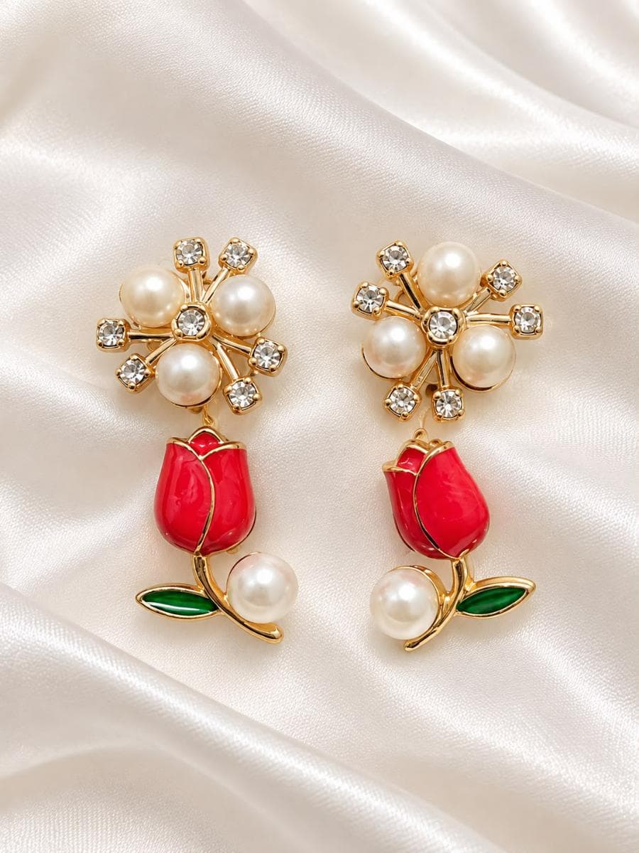 Red Rose Pearl Drop Earrings for Girls | Elegant Floral Gold Earrings