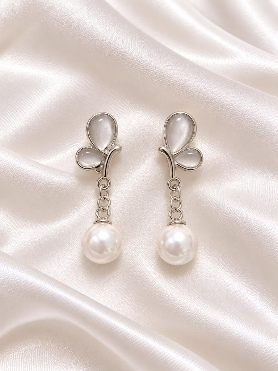 Minimal Butterfly Pearl Drop Earrings for Girls | Elegant Silver Aesthetic