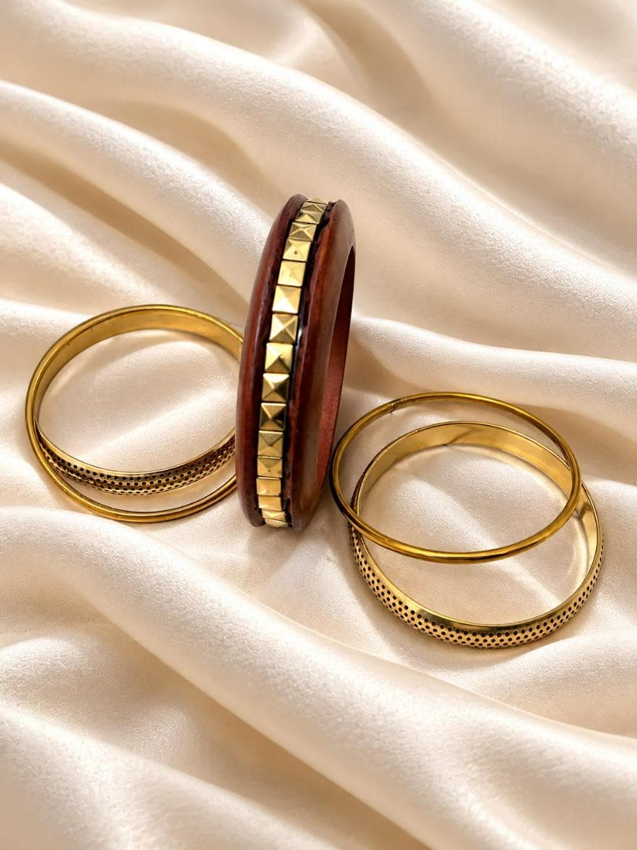 Premium Studded Wooden & Gold Bangle Set for Women