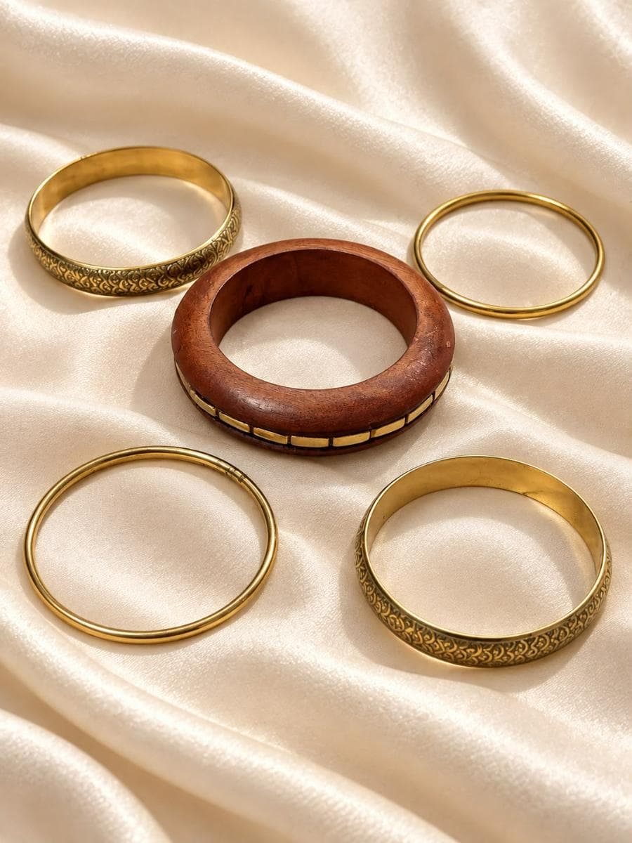 Classic Wooden & Gold Bangle Set for Women