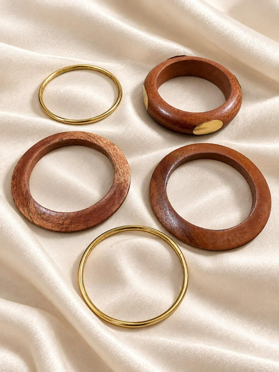 Elegant Wooden & Gold Bangle Set for Women
