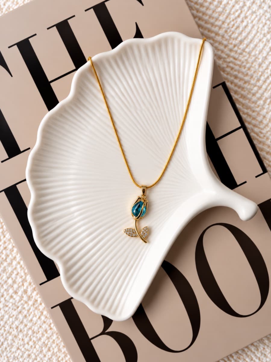 Blue Leaf Crystal Pendant Necklace