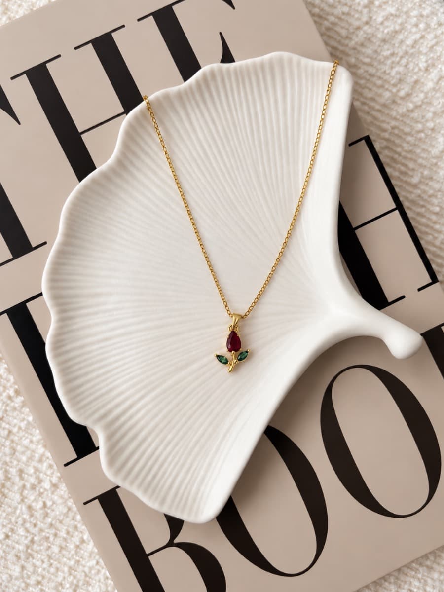 Ruby & Green Leaf Pendant Necklace