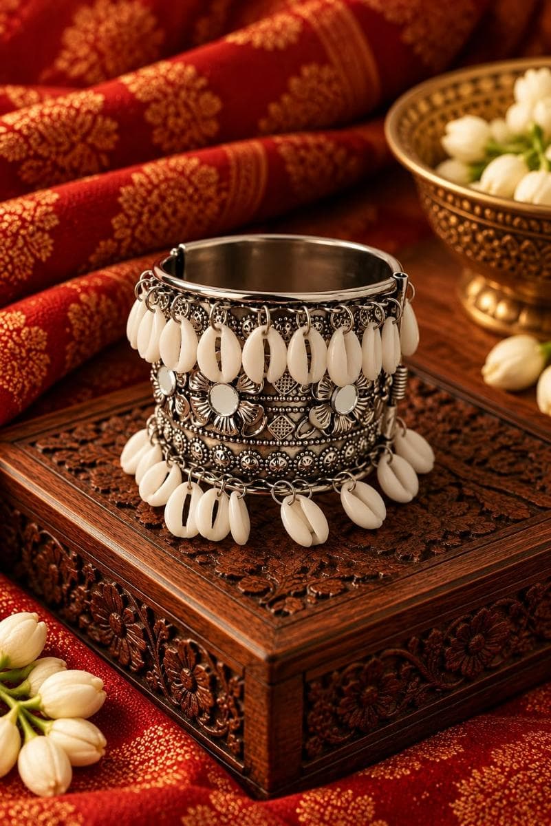 Oxidised Silver White Shell Dangler Statement Bangle