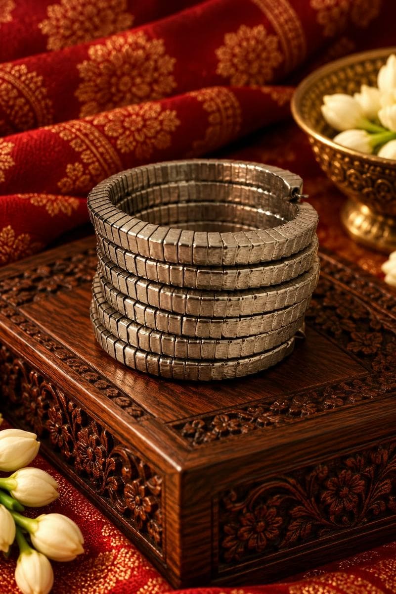 Antique Silver-Tone Textured Stackable Bangles Set
