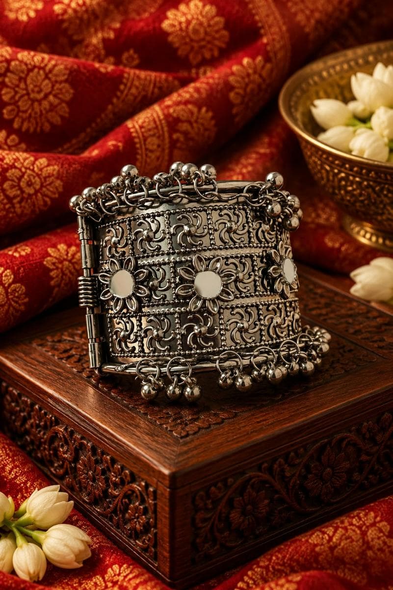 Oxidised Silver Floral Ghungroo Statement Kada