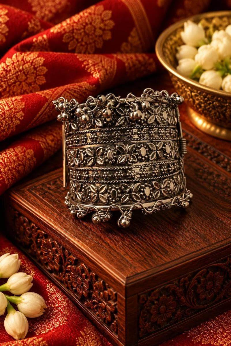 Oxidised Silver Floral Filigree Ghungroo Kada