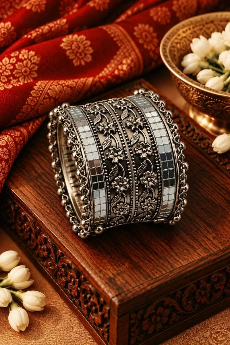 Oxidised Silver Floral Mirror Work Kada