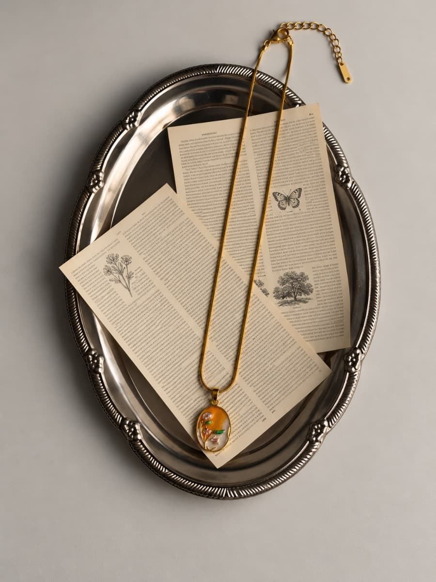 Orange Floral Oval Pendant Necklace