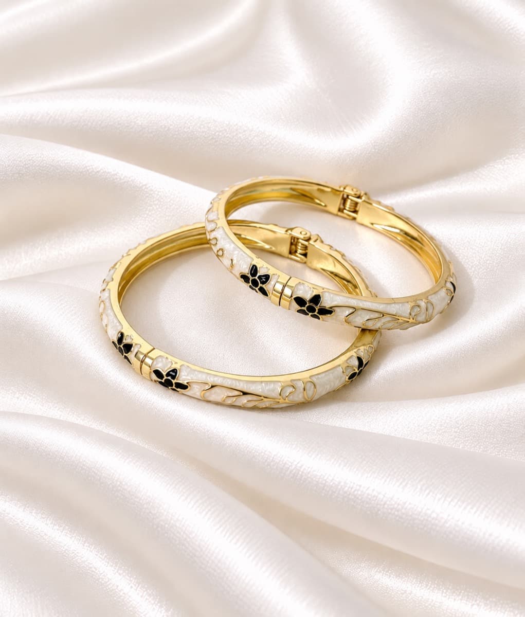 Gold-Tone Black Floral Enamel Bangles – Set of 1