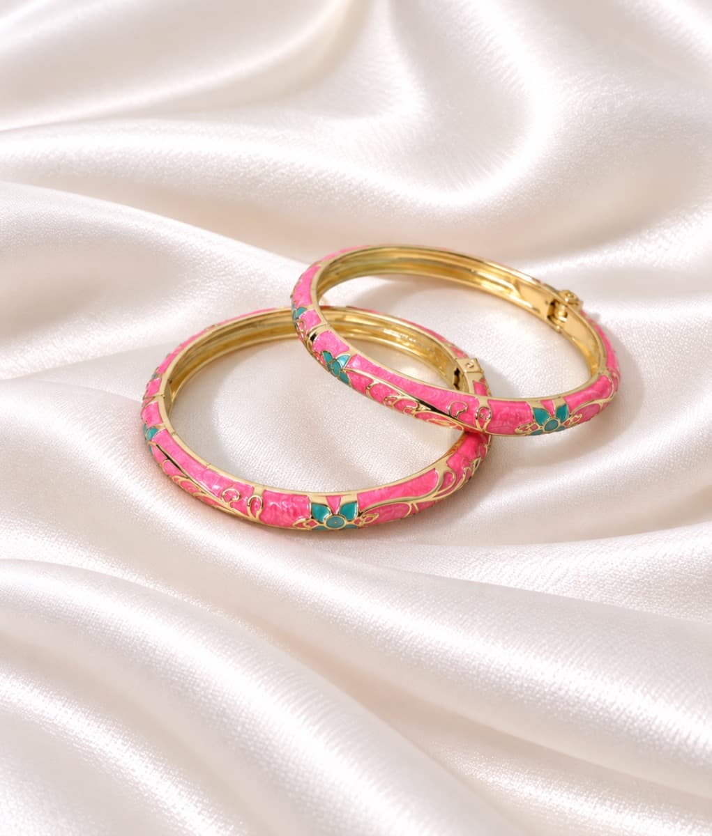 Pink Floral Gold-Tone Enamel Bangles – Set of 1