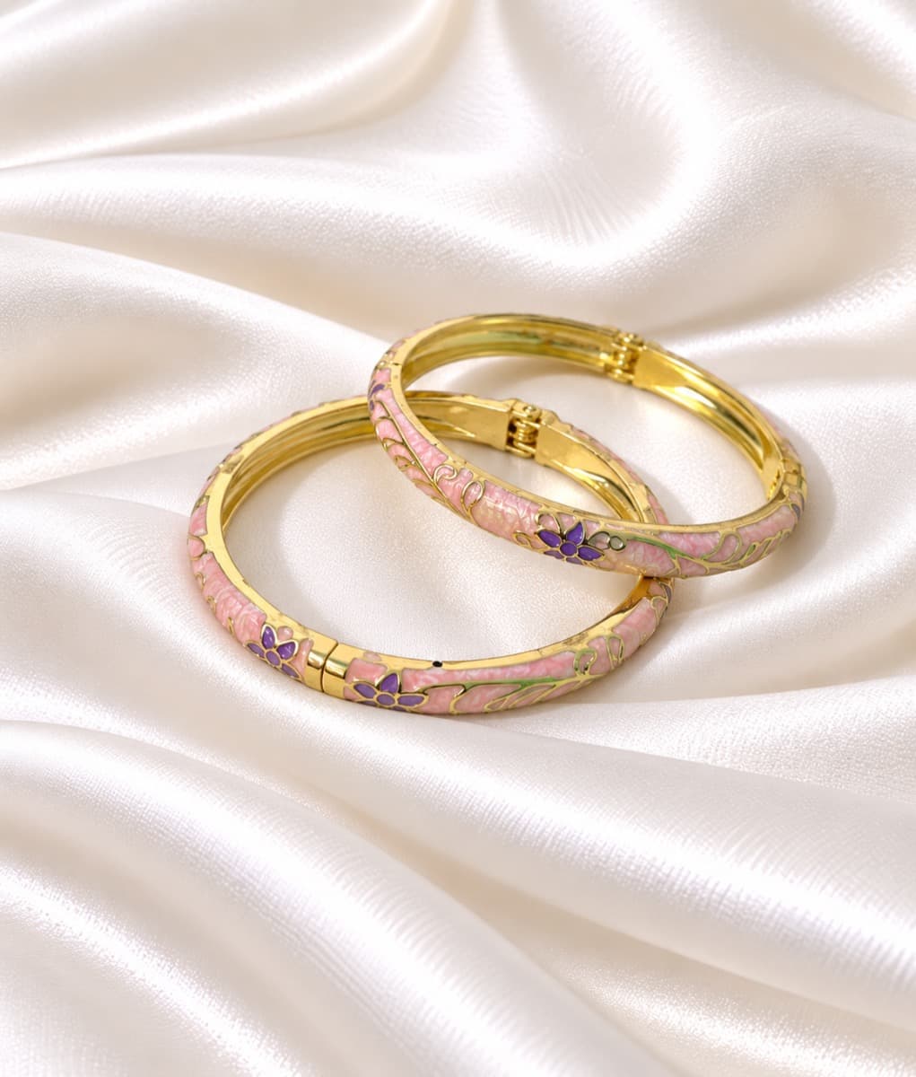 Pink Floral Enamel Gold-Tone Bangles – Set of 1