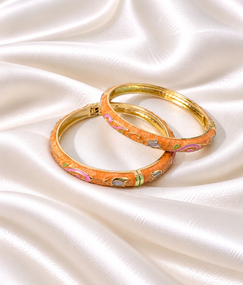 Orange Floral Enamel Gold-Tone Bangle for Women
