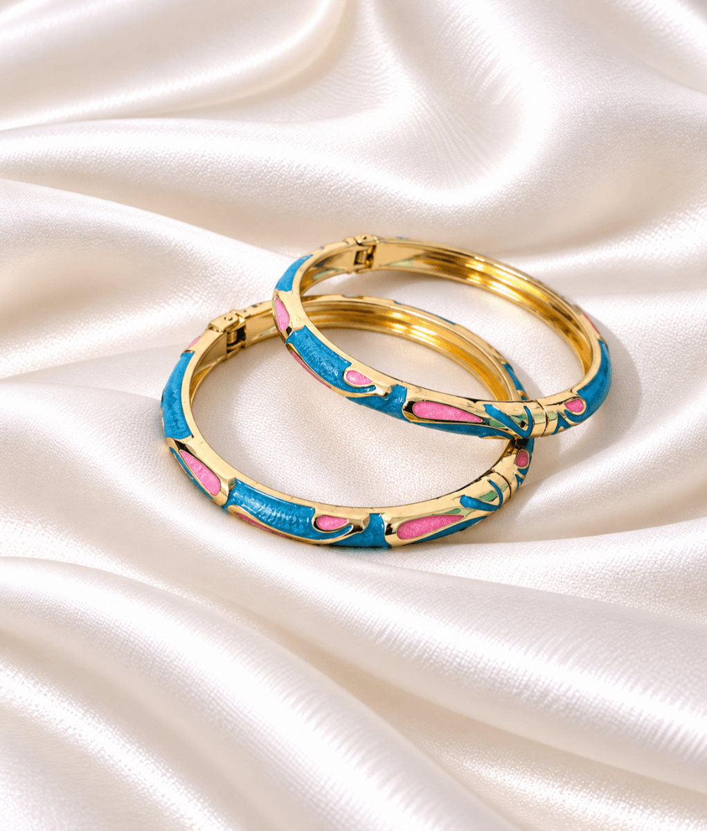 Blue & Pink Enamel Gold-Tone Bangle for Women