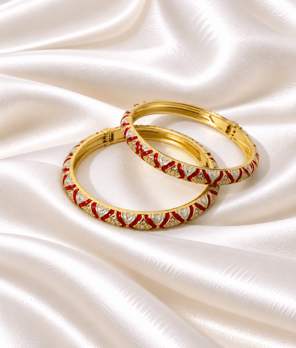 Red & White Enamel Gold-Tone Bangle for Women