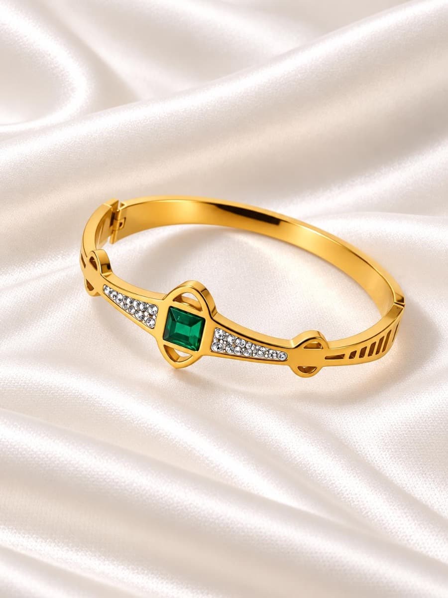 Gold-Tone Green Stone Crystal Bracelet for Women