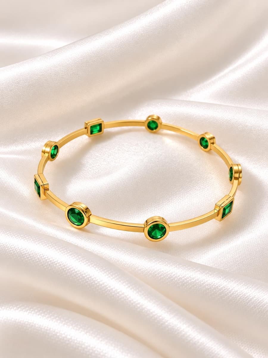 Gold-Tone Green Stone Minimalist Bracelet for Women