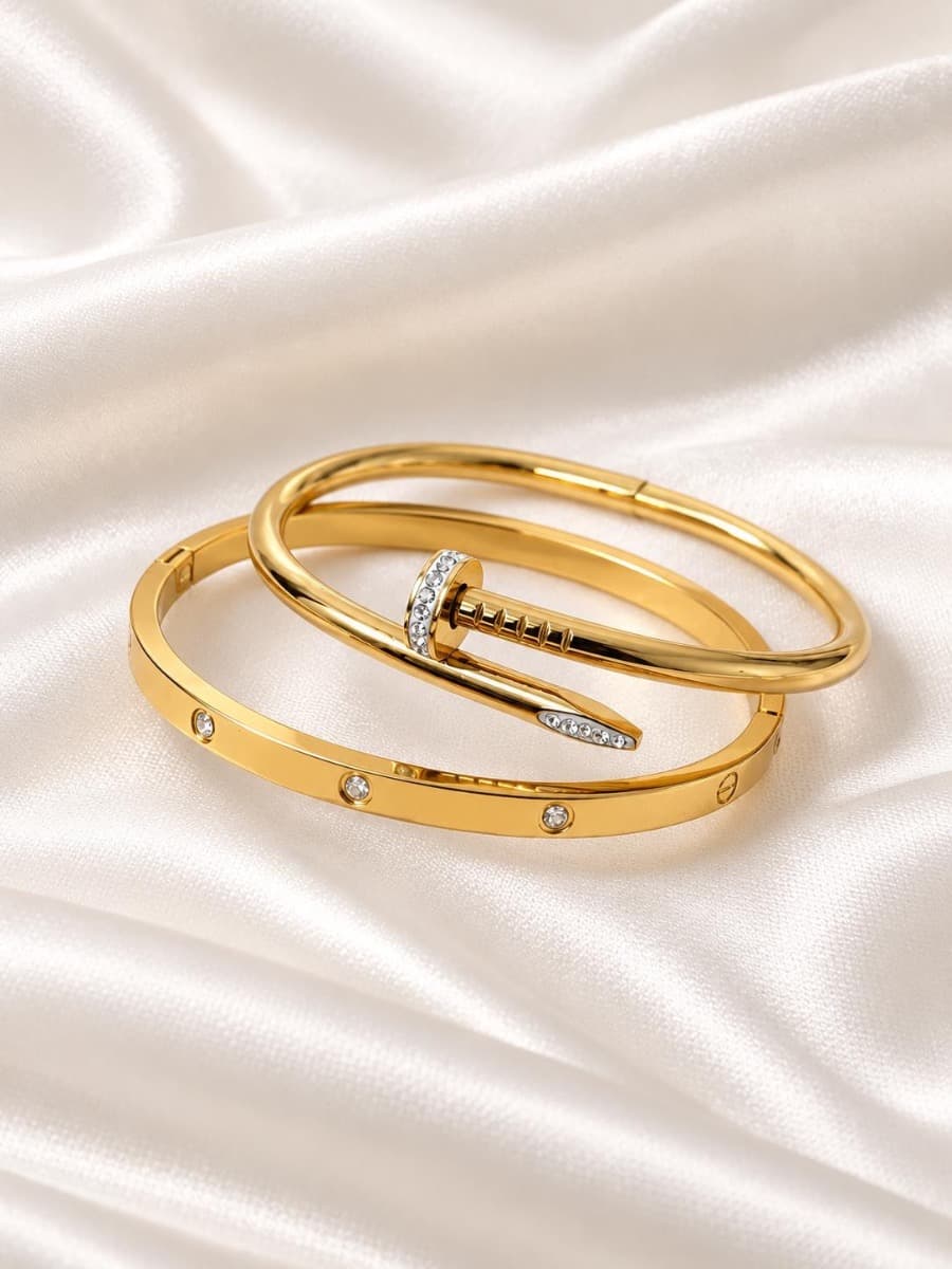 Gold-Tone Nail Design Crystal Bracelet for Women