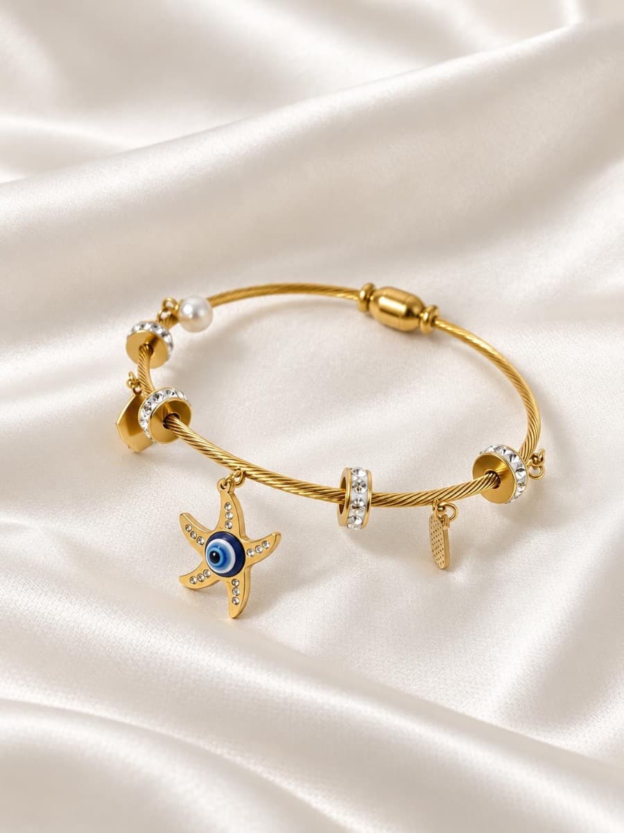 Gold-Tone Evil Eye Starfish Charm Bracelet for Women