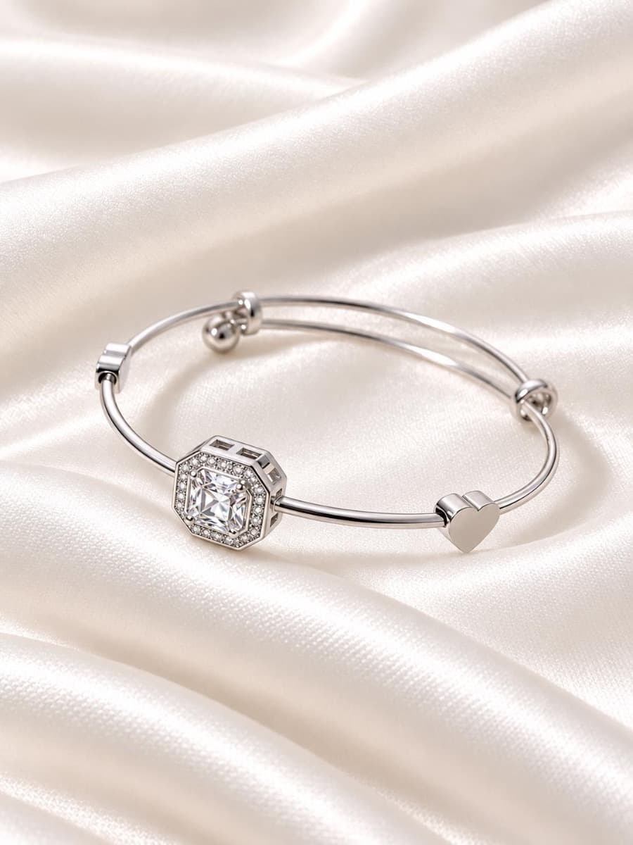 Silver-Tone Heart Charm Crystal Bracelet for Women