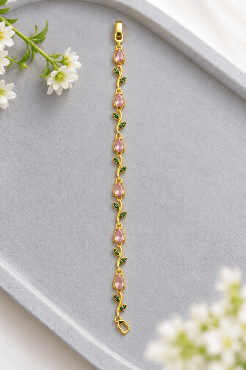 Pink Teardrop Green Leaf Gold-Tone Bracelet for Women