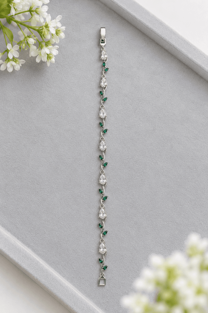 Silver-Tone Green Leaf & Crystal Vine Bracelet for Women