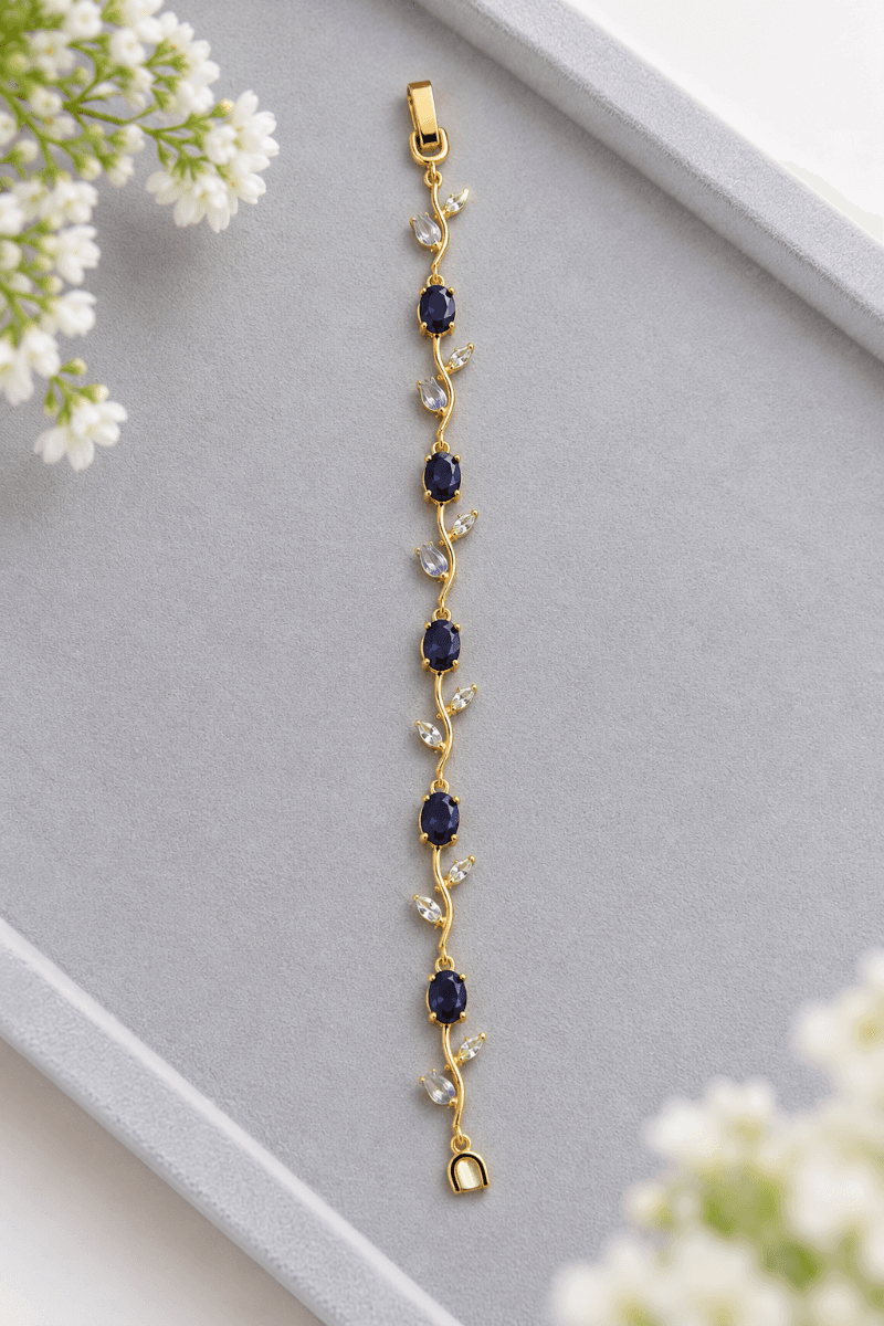 Navy Blue Crystal Gold-Tone Leaf Vine Bracelet for Women