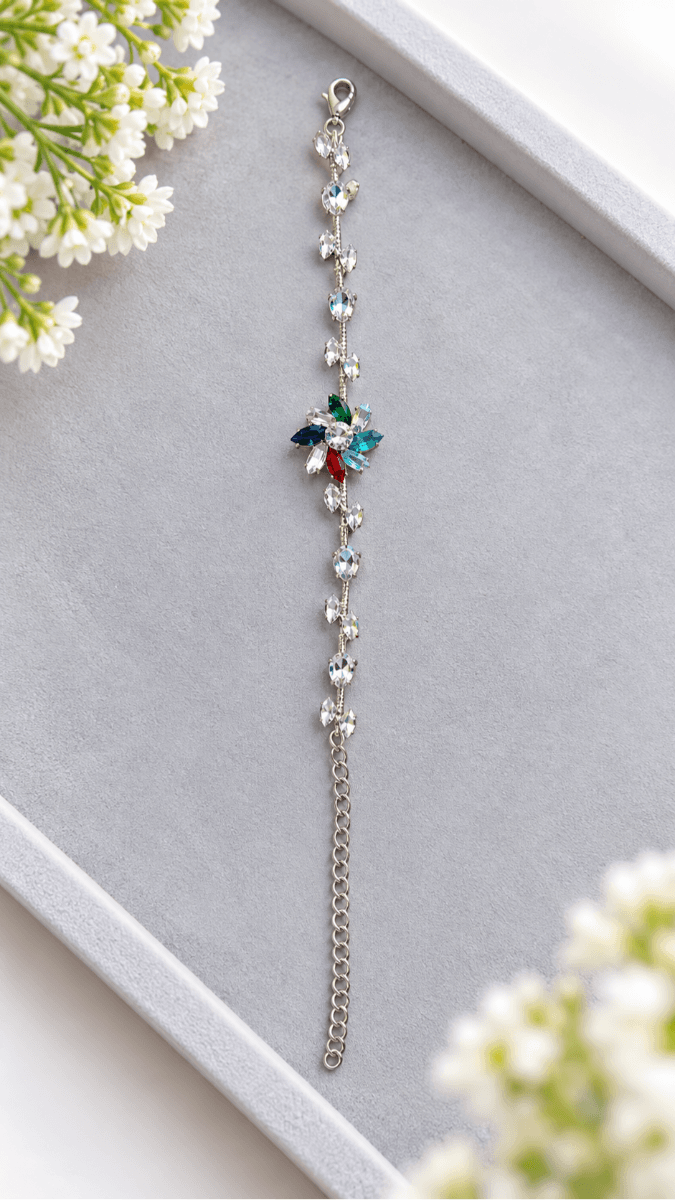 Multicolour Crystal Floral Silver-Tone Chain Bracelet for Women