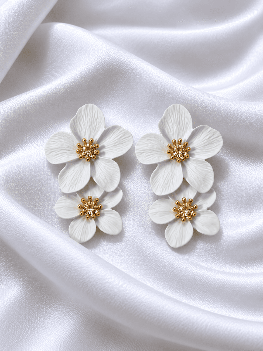White Double Floral Drop Earrings for Women