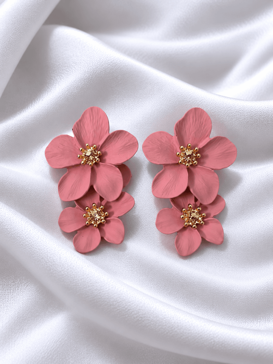 Pink Double Floral Drop Earrings for Women