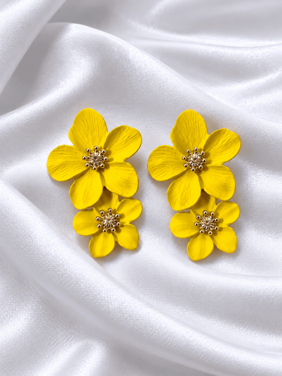 Yellow Double Floral Drop Earrings for Women
